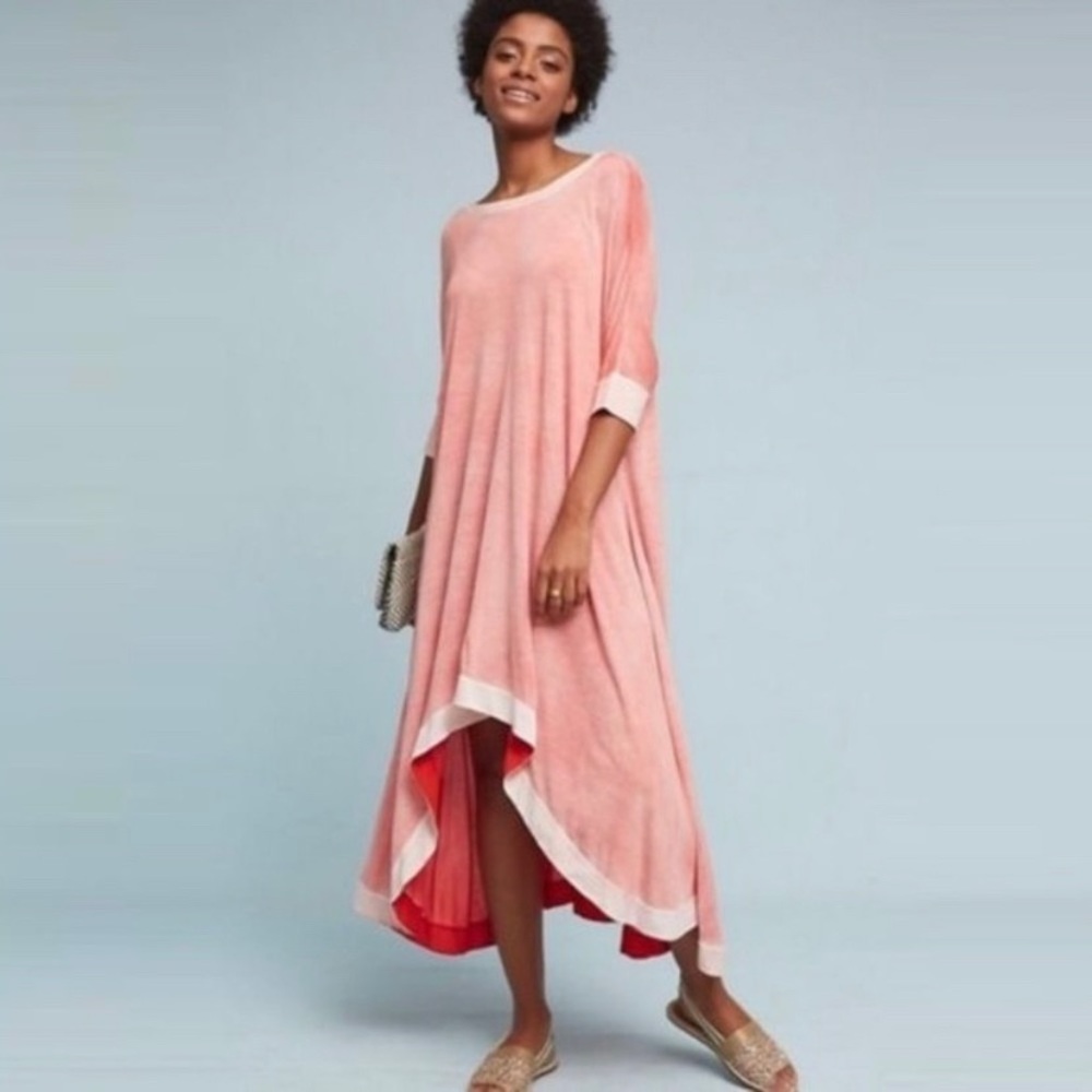 Anthropologie Pink High-Low Dress with White Trim